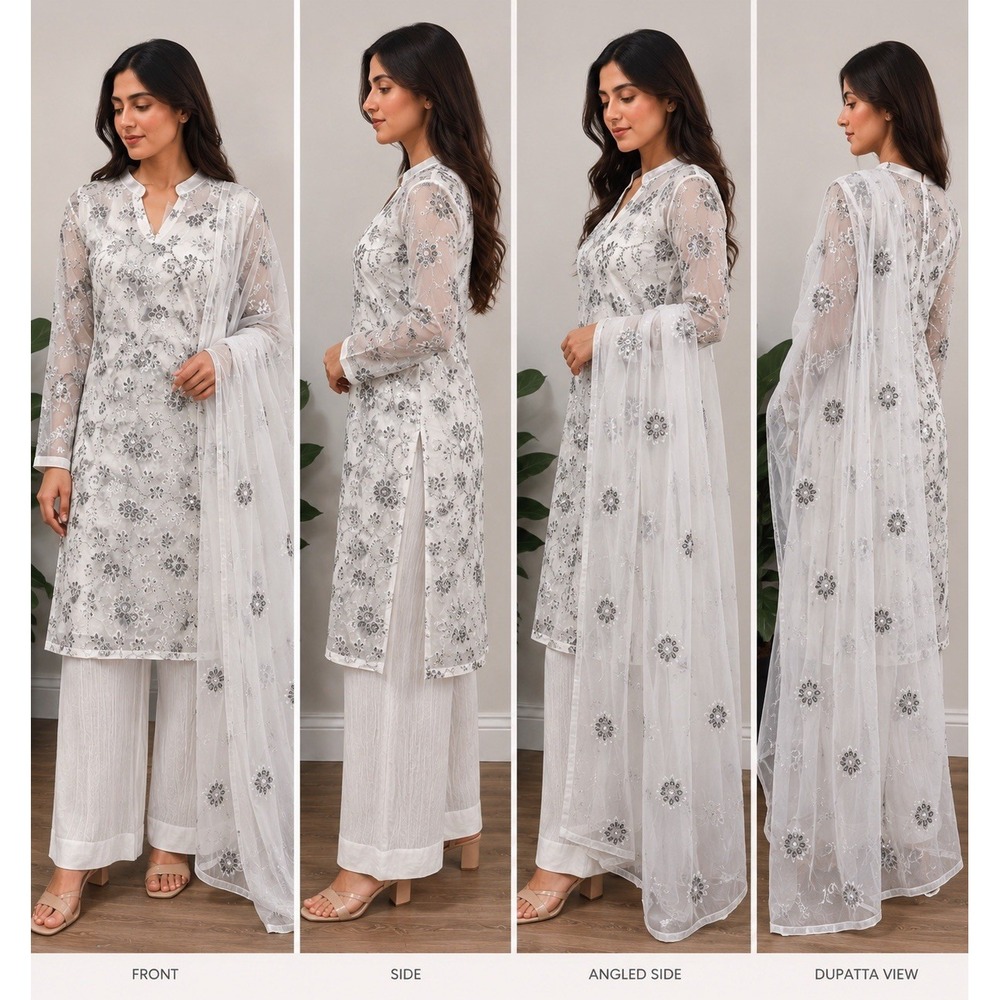 Women Indian Pakistani White Embroidered Kurta Dupatta 2 Piece Set А6